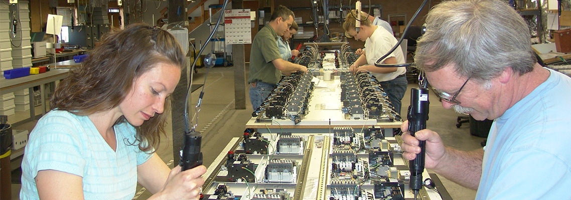 Photo of an Orenco Controls assembly line at our facility in Oregon U.S.A