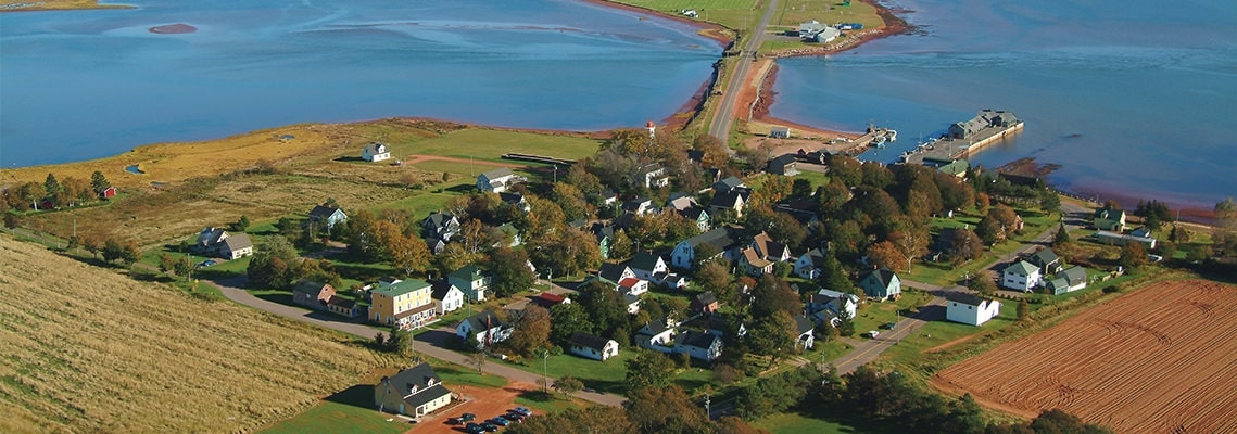 Aerial photo of Victoria Prince Edward Island Canada an Orenco Sewer community